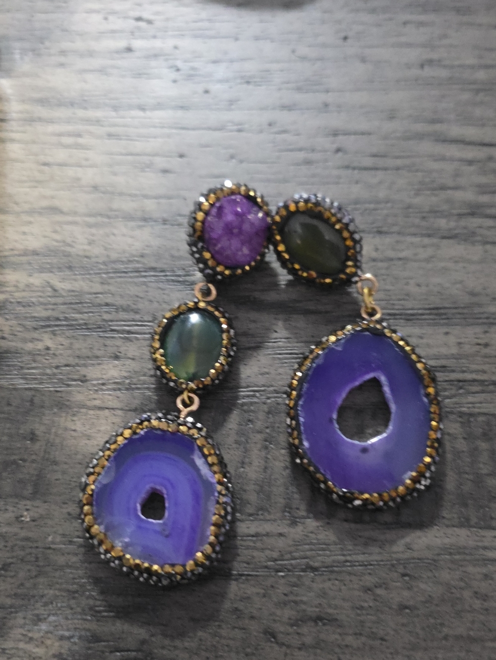 Source Unknown Purple Agate Drop Earrings with Gold Accents